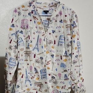 Talbots Cream Paris Print Button-Front Shirt with Blue & Multicolor Motifs